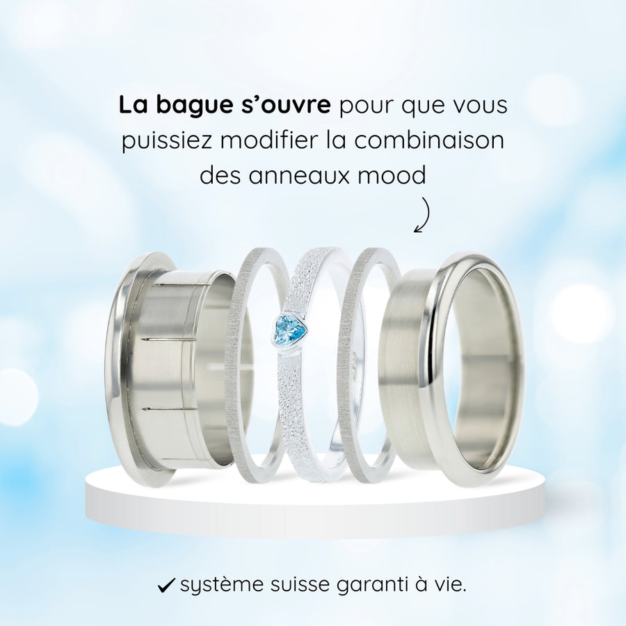 bague en argent avec brillant bleu en forme de coeur et anneaux interchangeables en acier inoxydable de la marque mood schema du concept