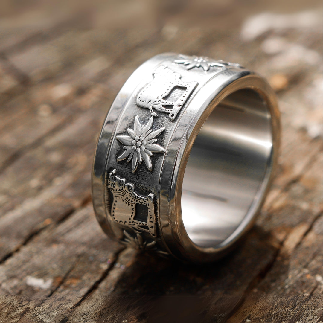 bague en argent pour homme et femme avec motifs de la suisse fleur edelweiss et vache alpage 2