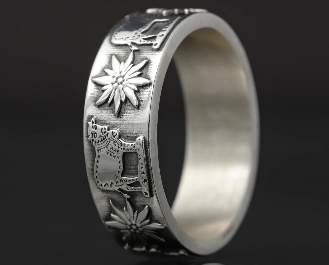 bague en argent pour homme et femme avec motifs de la suisse fleur edelweiss et vache alpage 3