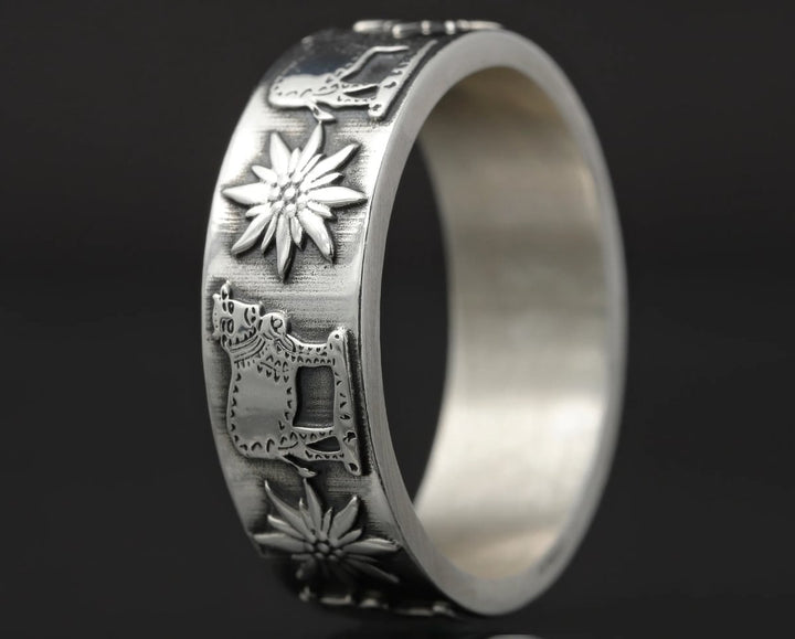 bague en argent pour homme et femme avec motifs de la suisse fleur edelweiss et vache alpage 3