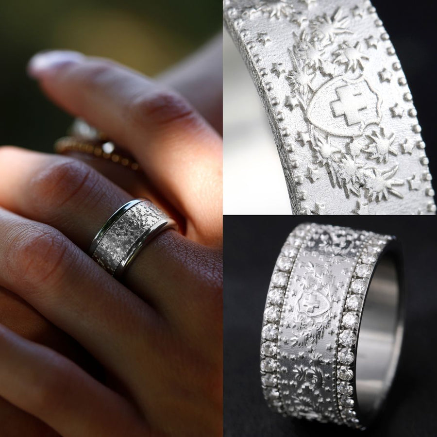 bague mood interchangeable en argent 925 haut de gamme avec motifs suisses pièce de monnaie helvetia