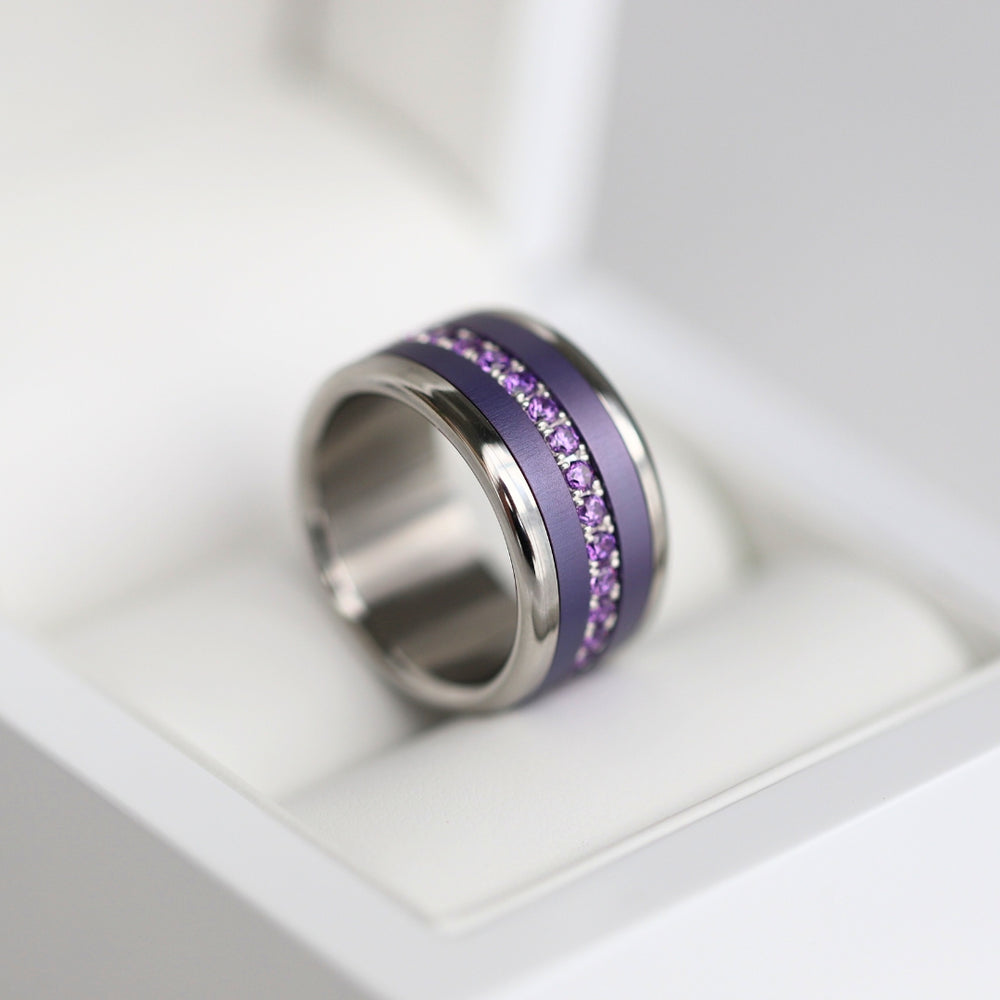 bague mood interchangeable ouverte aura couleur violet lila avec cristaux de verre
