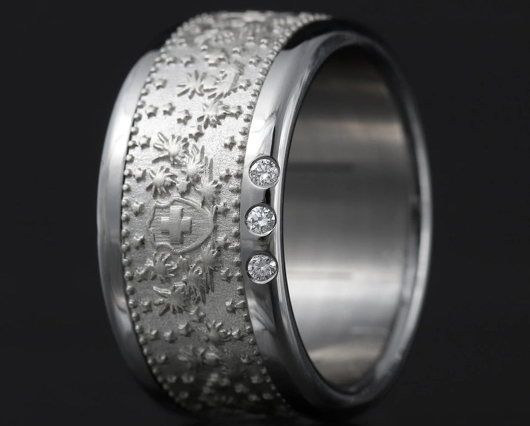 bague suisse mood en argent 925 avec motifs suisses pièce de monnaie et 3 diamants