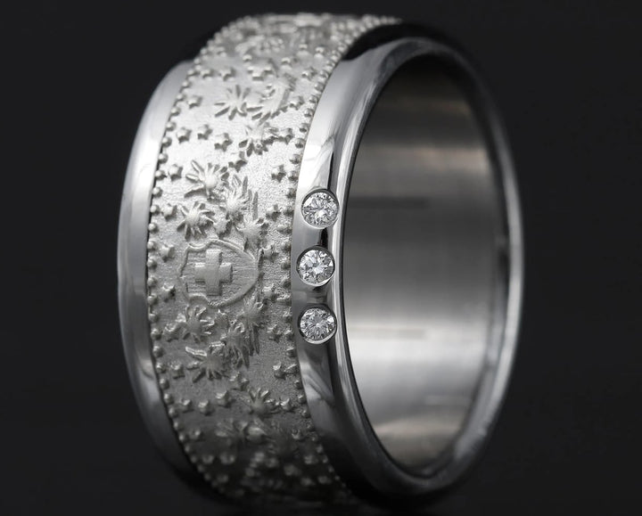 bague suisse mood en argent 925 avec motifs suisses pièce de monnaie et 3 diamants