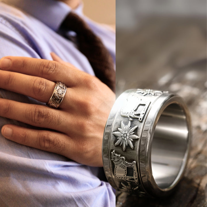 bijou argent edelweiss vache bague mood interchangeable pour homme et femme