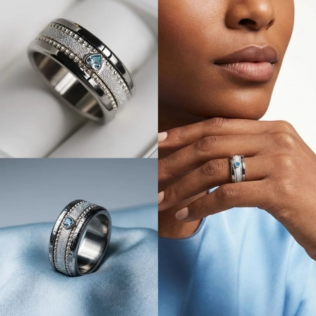 Interchangeable mood ring "Ocean heart"  in 925 silver with zirconia and interchangeable color