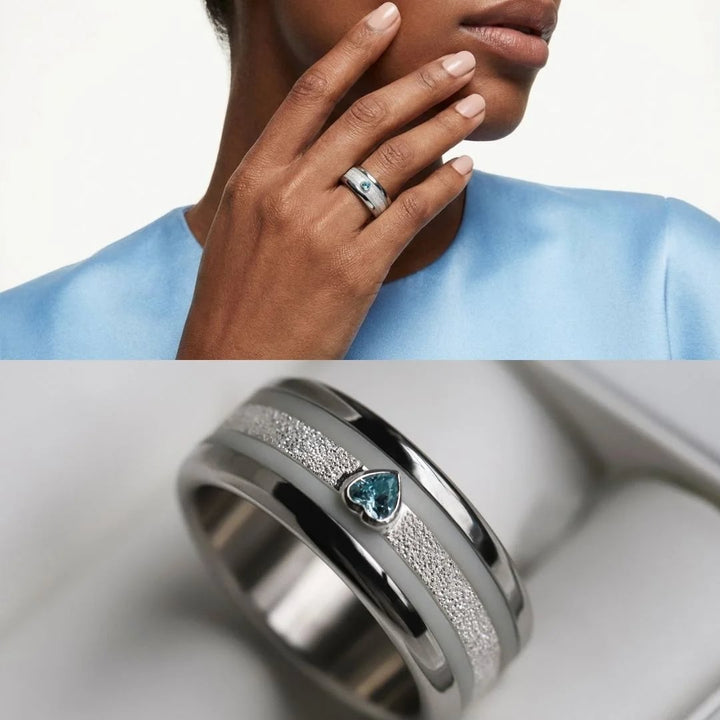 Interchangeable mood ring "Ocean heart"  in 925 silver with zirconia and interchangeable color