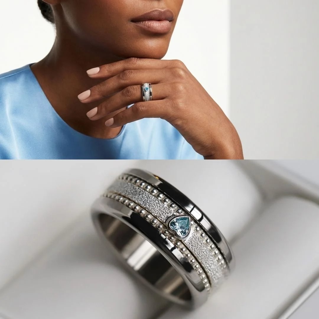 Interchangeable mood ring "Ocean heart"  in 925 silver with zirconia and interchangeable color