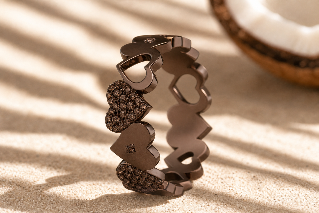 Anneau (addon) "🥥Coco - First Love" en argent et zircons (blanc / brun) pour bague mood interchangeable