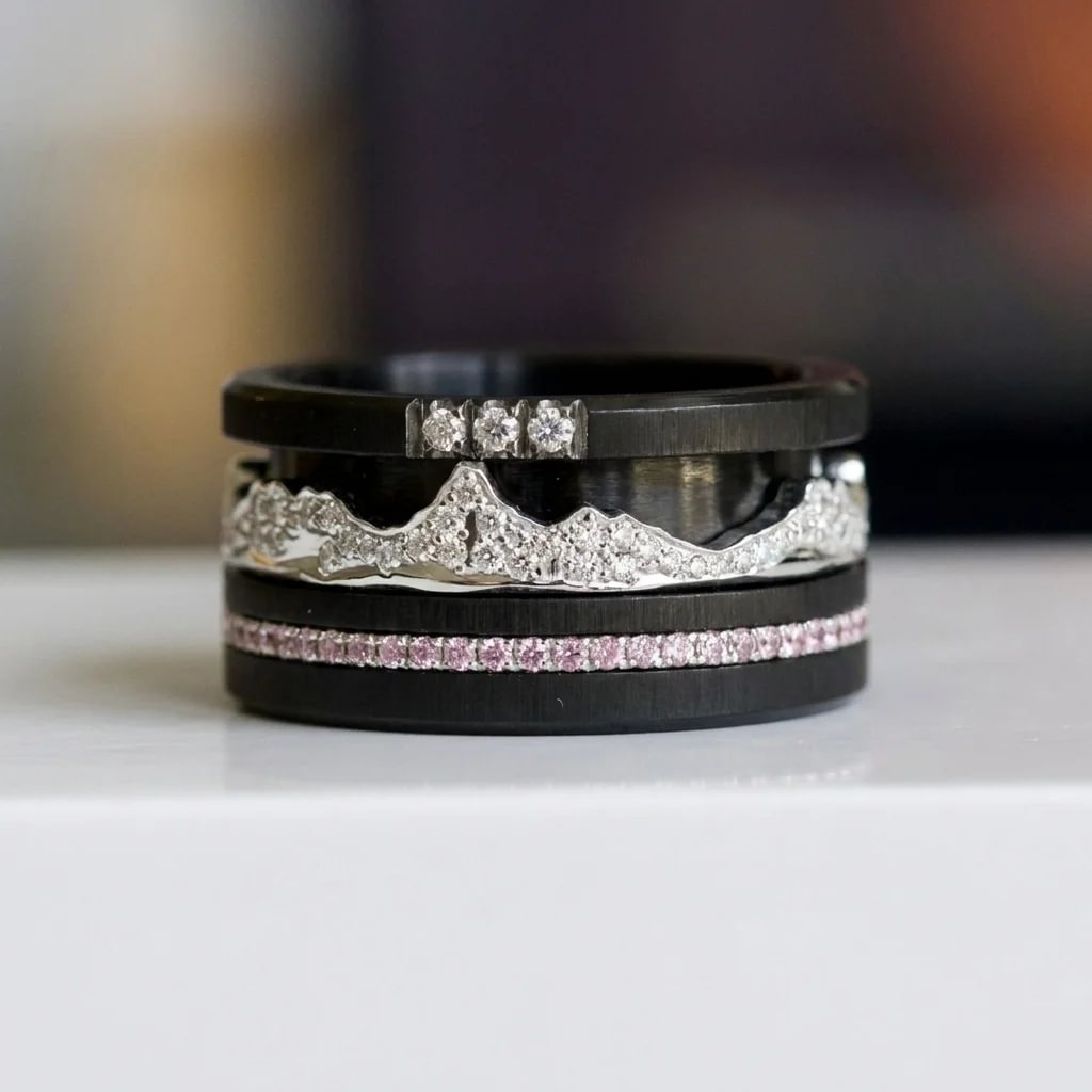 🗻 💎 Anneau (deux tiers) "Dents d'argent" en argent poli pour bague mood interchangeable