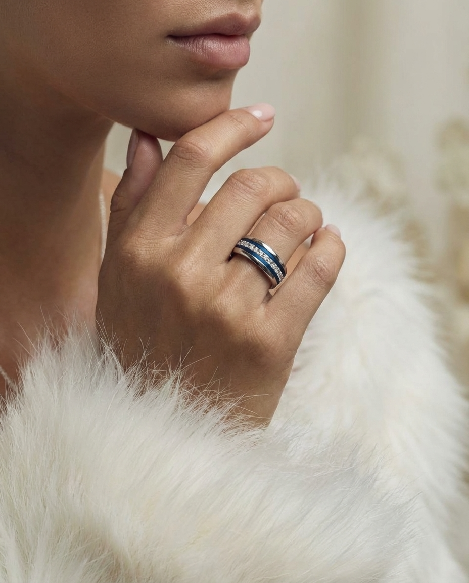 Bague mood en argent 925 et zircons "Douceur d'hiver" avec couleur interchangeable