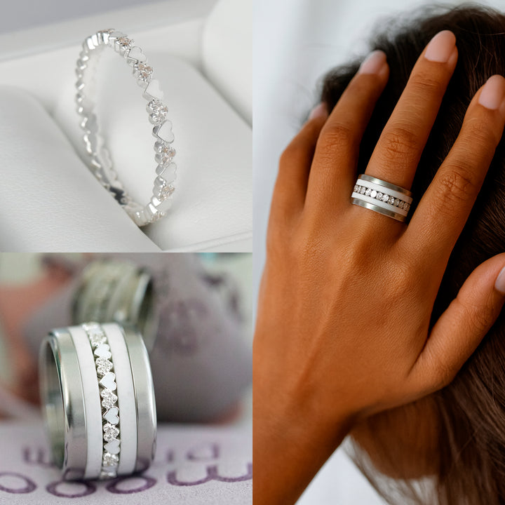 🤍🤍 Anneau (addon) medium 3D blanc "Alliances des coeurs" en argent et Zircons pour bague mood pour femme