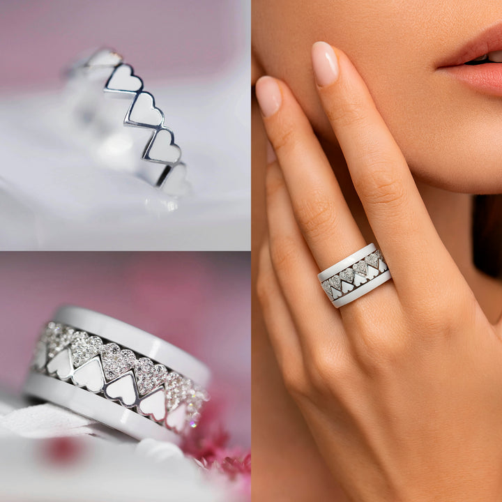 🪞 Anneau (addon deux tiers) en argent 925 avec traitement en émail blanche, Miroir de l'amour, de la collection St Valentin 2025 🪞