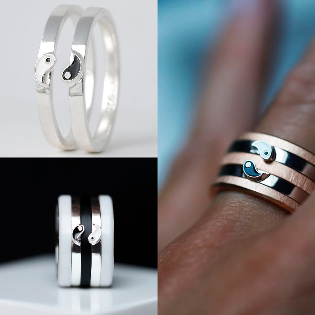 Set von zwei Medium Addons "Yin & Yang" aus Silber mit schwarz-weisser Emaille-Beschichtung für den auswechselbaren mood Ring