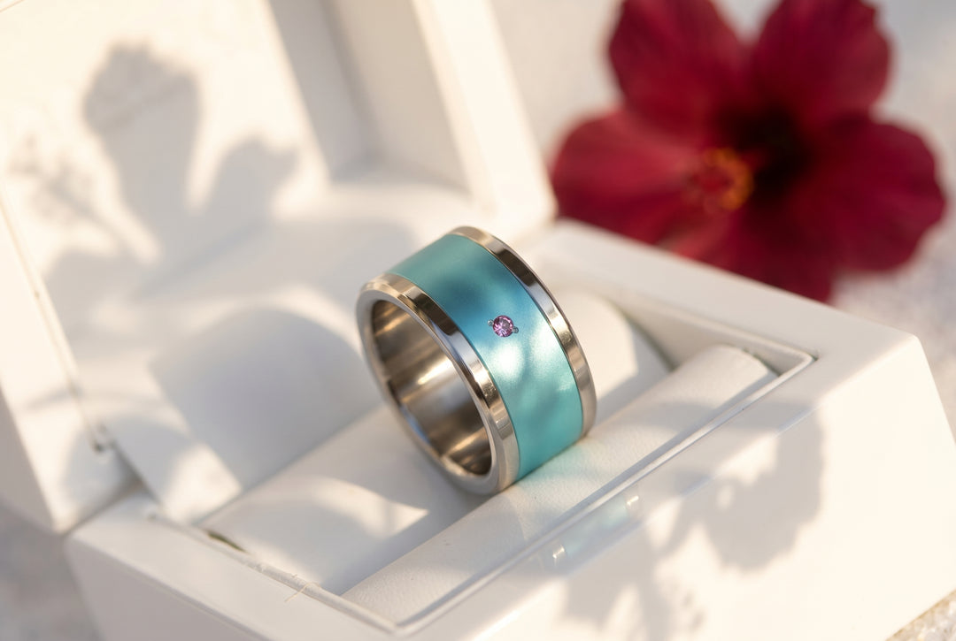 💍 Anneau (addon) "Hibiscus" en aluminium bleu pastel serti d'un saphir rose