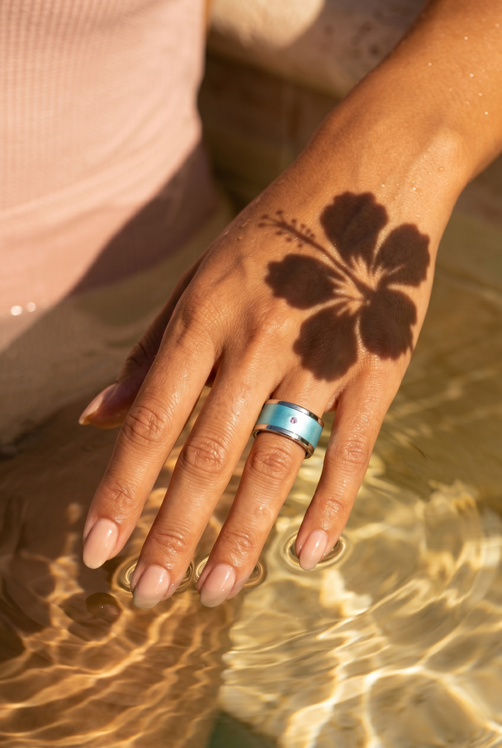 💍 Anneau (addon) "Hibiscus" en aluminium bleu pastel serti d'un saphir rose