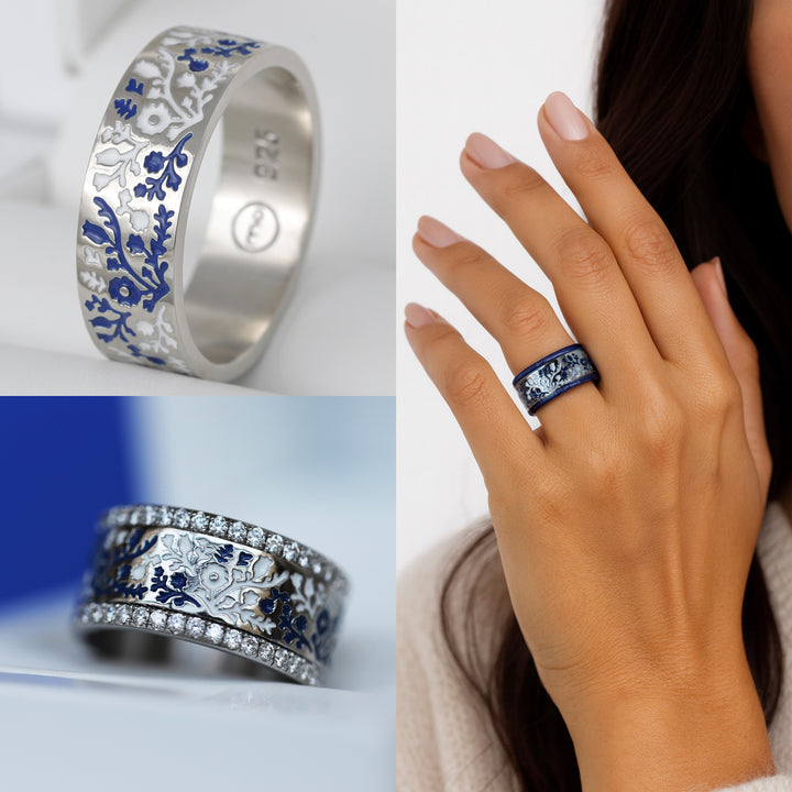 Inner ring (addon) in 925 silver "Hongria" polished finish with white and blue enamel coating for interchangeable mood ring