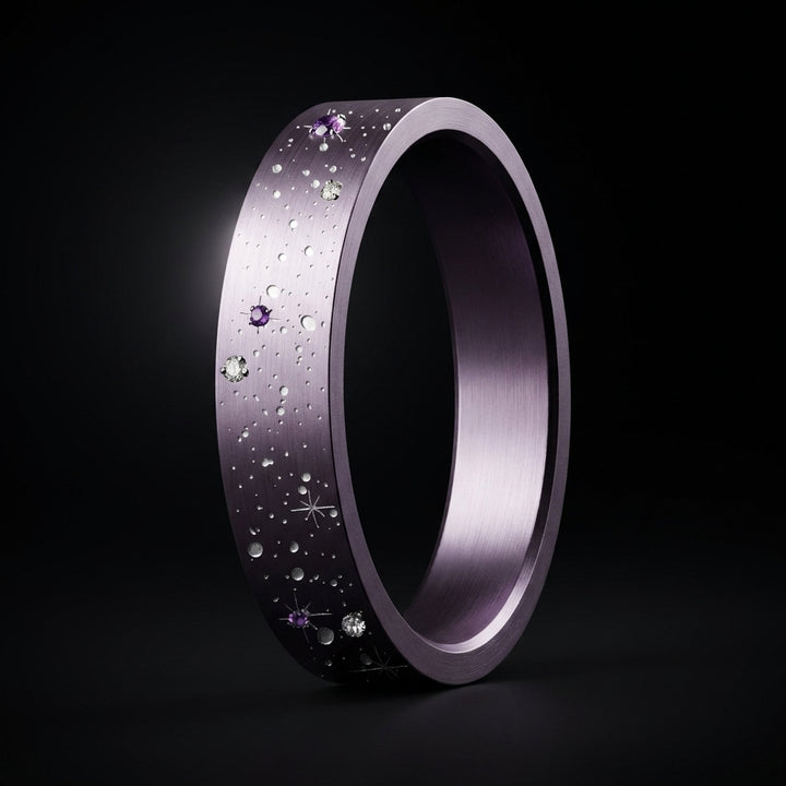 ✨ Anneau « Astérope » en aluminium lilas cashmere serti de diamants et saphirs pour bague mood interchangeable