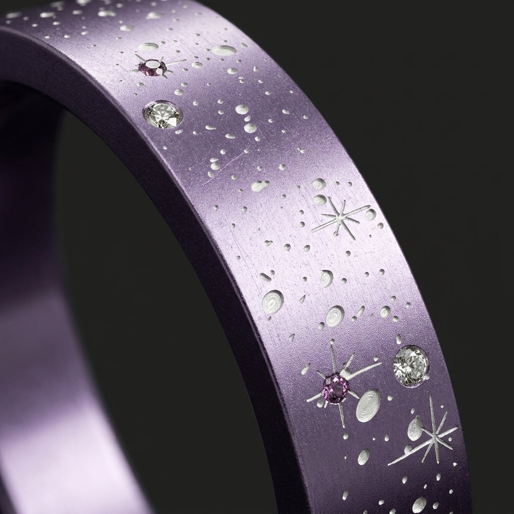 ✨ Anneau « Astérope » en aluminium lilas cashmere serti de diamants et saphirs pour bague mood interchangeable