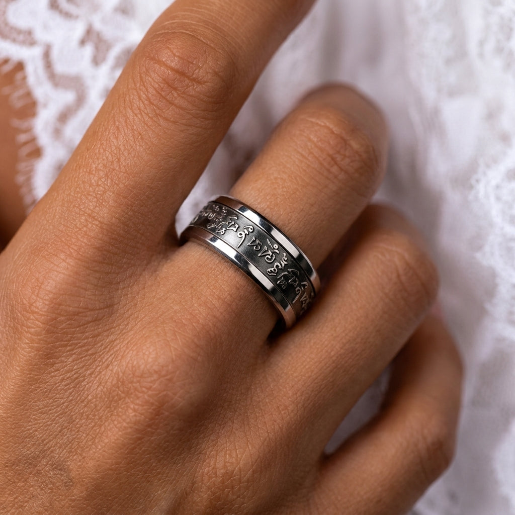 Anneau (deux tiers) en argent 925 « Mantra tibétain White » pour bague mood interchangeable