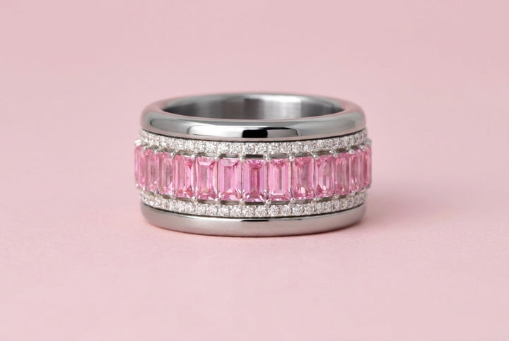 🎗️ Anneau (addon deux tiers) « Auraline Rose » en argent 925 serti de zircons rose pastel