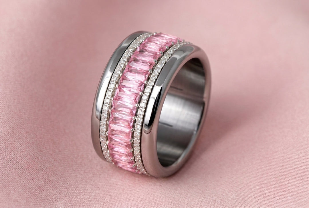 🎗️ Anneau (addon deux tiers) « Auraline Rose » en argent 925 serti de zircons rose pastel