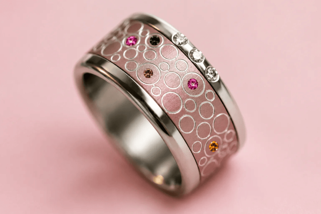 🌹 Rose unie — addon en aluminium noisette gravé de ronds, serti de saphirs & diamants
