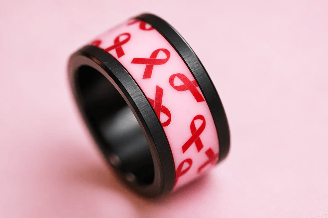 🤍 Anneau (addon ou deux tiers) « Rose d'espoir » en polymère rose gravé de rubans rubis