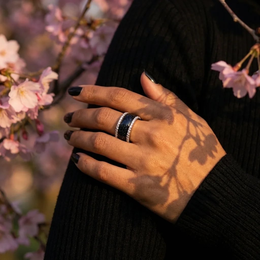 Voile Céleste 🖤  anneau (addon) en argent 925 avec un revêtement en émail noir - paillettes