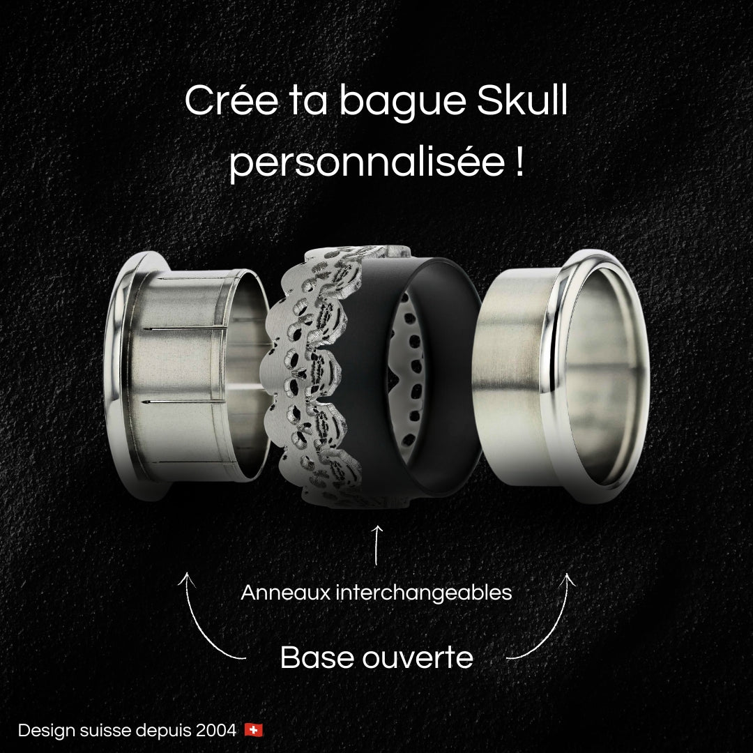 schema bague acier mood avec tete de mort skull et couleur interchangeable pour homme et femme