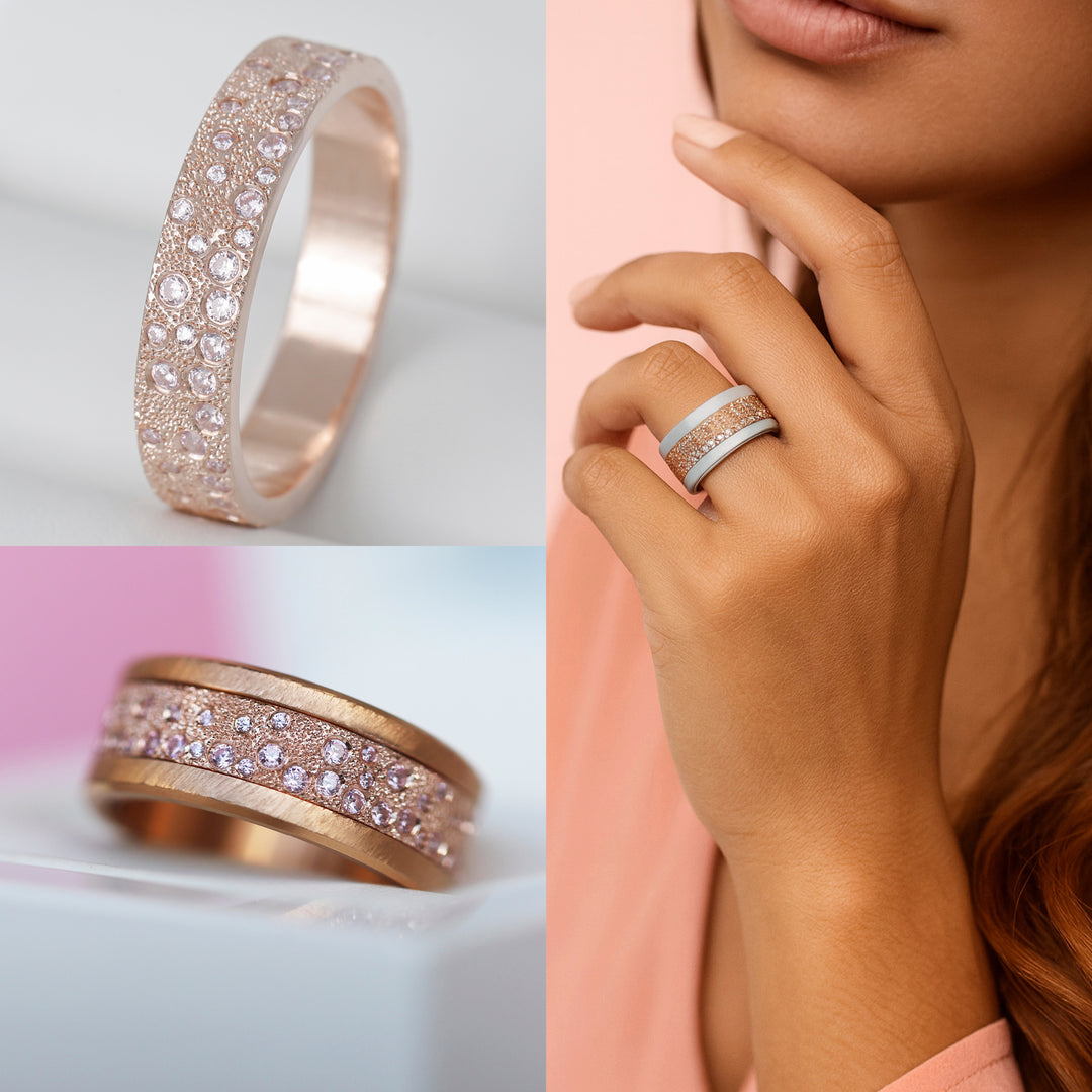 Anneau (deux tiers) "Willow Pink" en argent glitter serti de zircons roses pour bague mood interchangeable