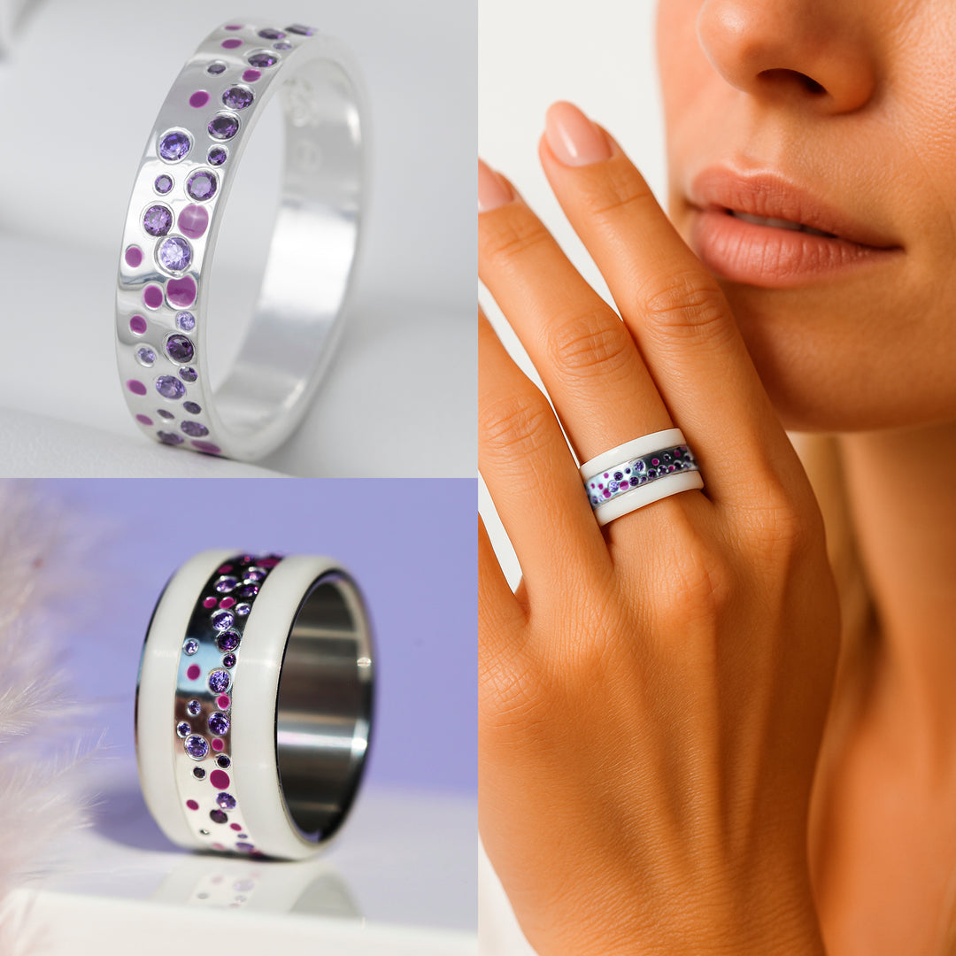 Inner ring (2/3 addon) "Willow Purple" in glitter silver set with zircons and enamel for interchangeable mood ring