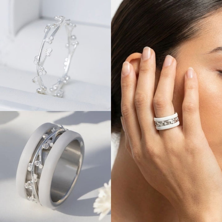 🌸Addon (deux tiers) BLOOM en argent 925 avec revêtement en émail blanc et serti de zircons pour bague mood interchangeable 🌸