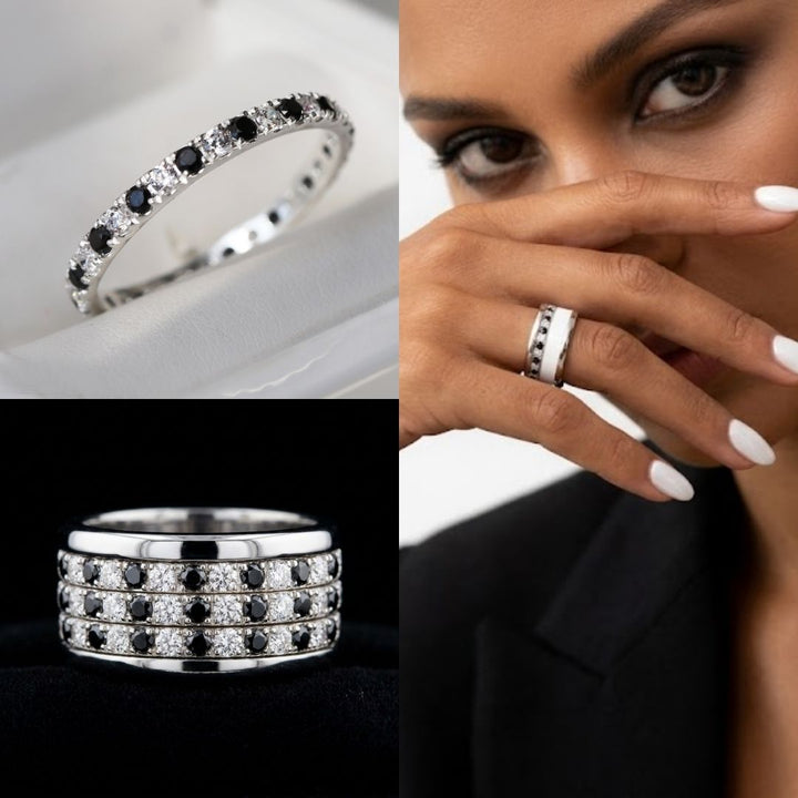 💍 Inner ring (medium addon) "Aura Black & White Signature" in 925 silver set with black and white zircons