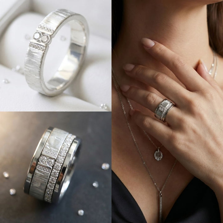 Anneau (deux tiers) "Trilogy" en argent froissé satiné pour bague mood interchangeable