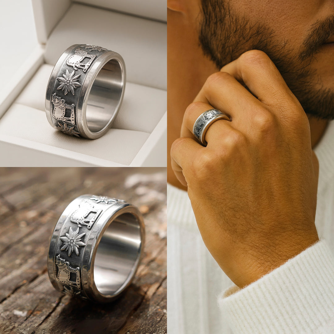 Bague mood complète en argent avec motifs suisses Edelweiss et vache à l'alpage