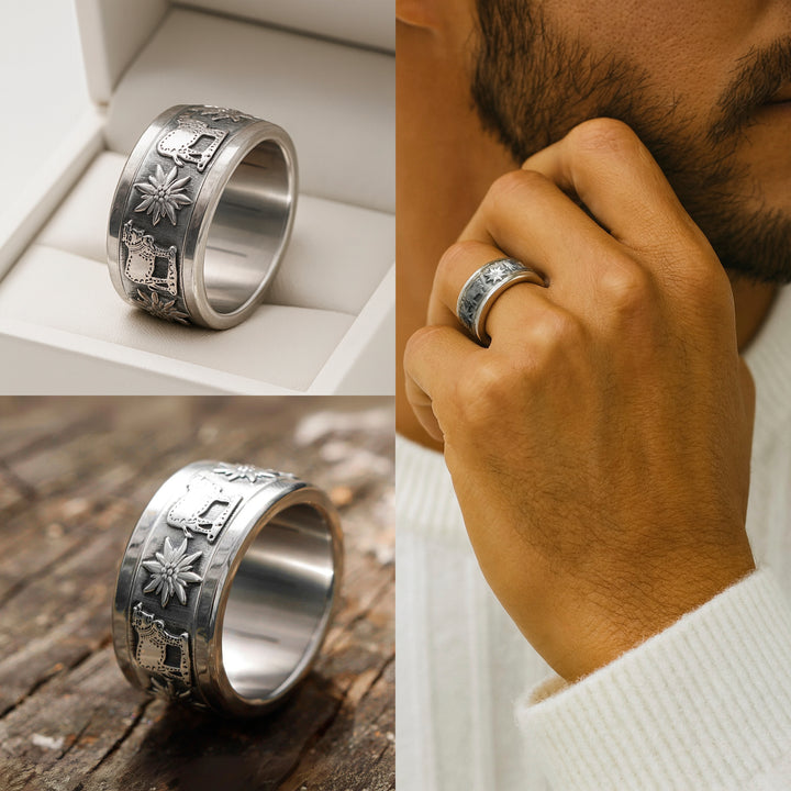 Bague mood complète en argent avec motifs suisses Edelweiss et vache à l'alpage