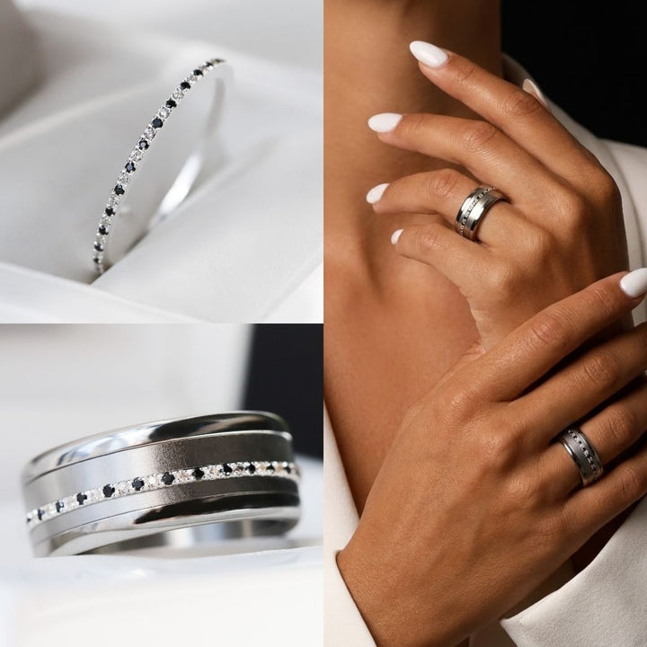 💍 Inner ring (mini addons) "Aura Black & White Signature" in 925 silver set with black and white zircons