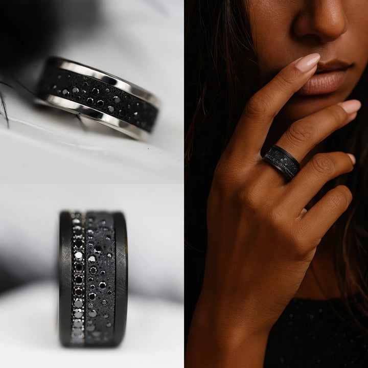 Anneau (deux tiers) "Willow Black" en argent glitter noir serti de zircons noirs pour bague mood interchangeable