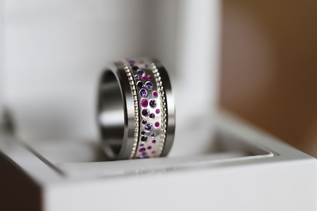 Inner ring (2/3 addon) "Willow Purple" in glitter silver set with zircons and enamel for interchangeable mood ring