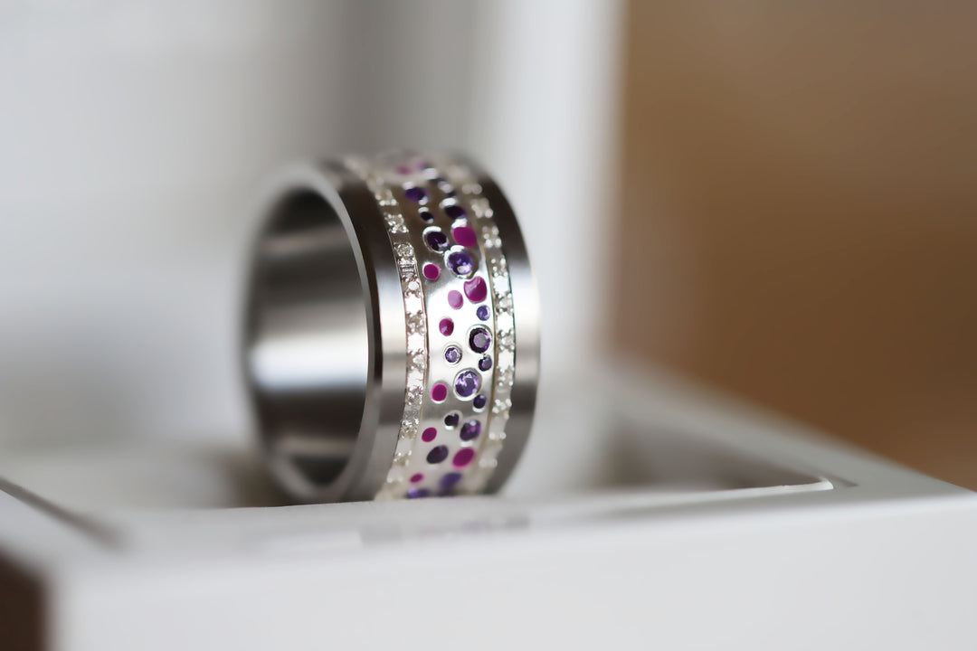 Inner ring (2/3 addon) "Willow Purple" in glitter silver set with zircons and enamel for interchangeable mood ring