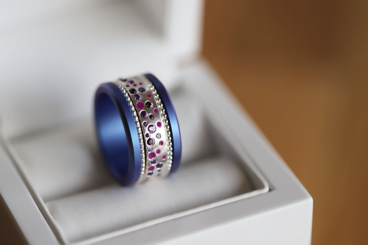 Inner ring (2/3 addon) "Willow Purple" in glitter silver set with zircons and enamel for interchangeable mood ring