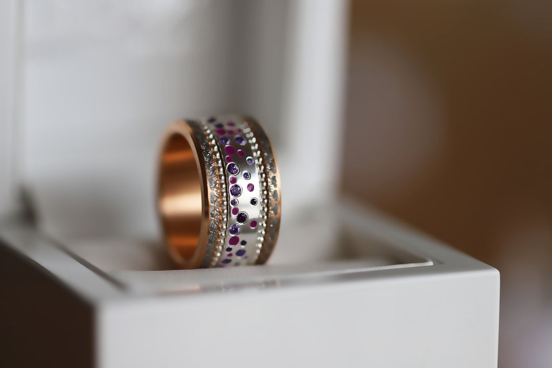 Inner ring (2/3 addon) "Willow Purple" in glitter silver set with zircons and enamel for interchangeable mood ring