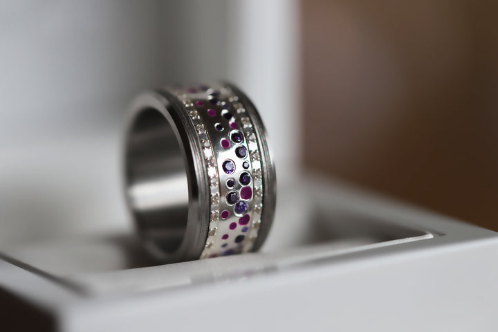 Inner ring (2/3 addon) "Willow Purple" in glitter silver set with zircons and enamel for interchangeable mood ring