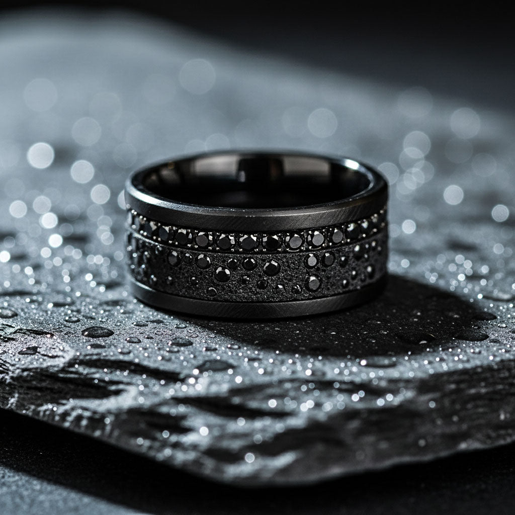 Anneau (deux tiers) "Willow Black" en argent glitter noir serti de zircons noirs pour bague mood interchangeable